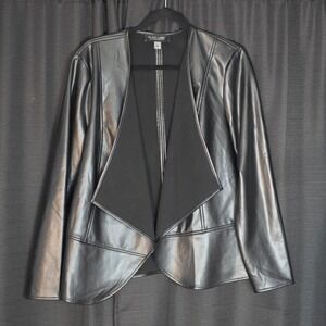 Black Label by Evan-Picone Faux Leather Open Front Draped Jacket Black Womens L